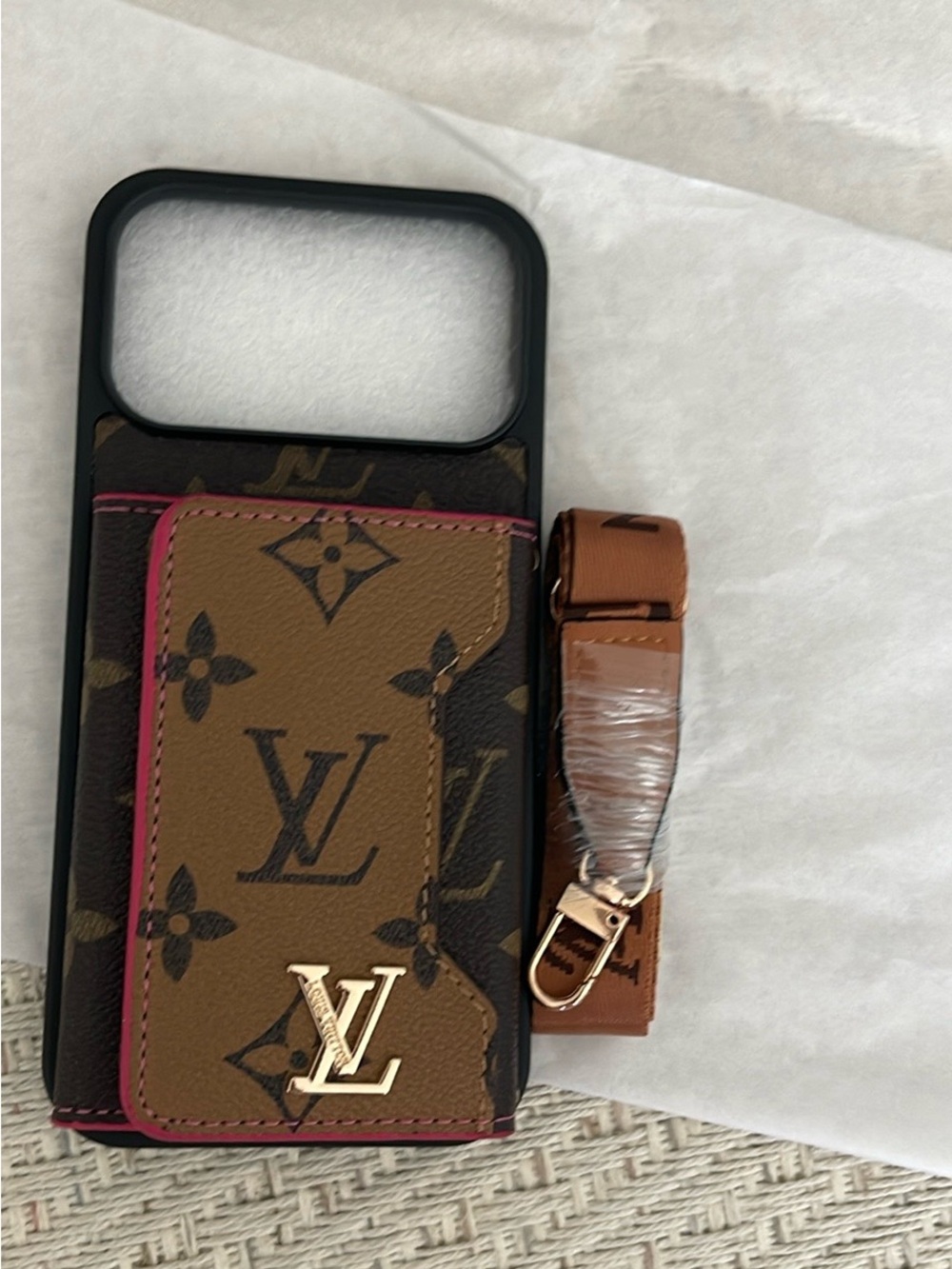 LV. Pro Max Monogram Cardholder Phone Case with Pink Trim and Brown Strap